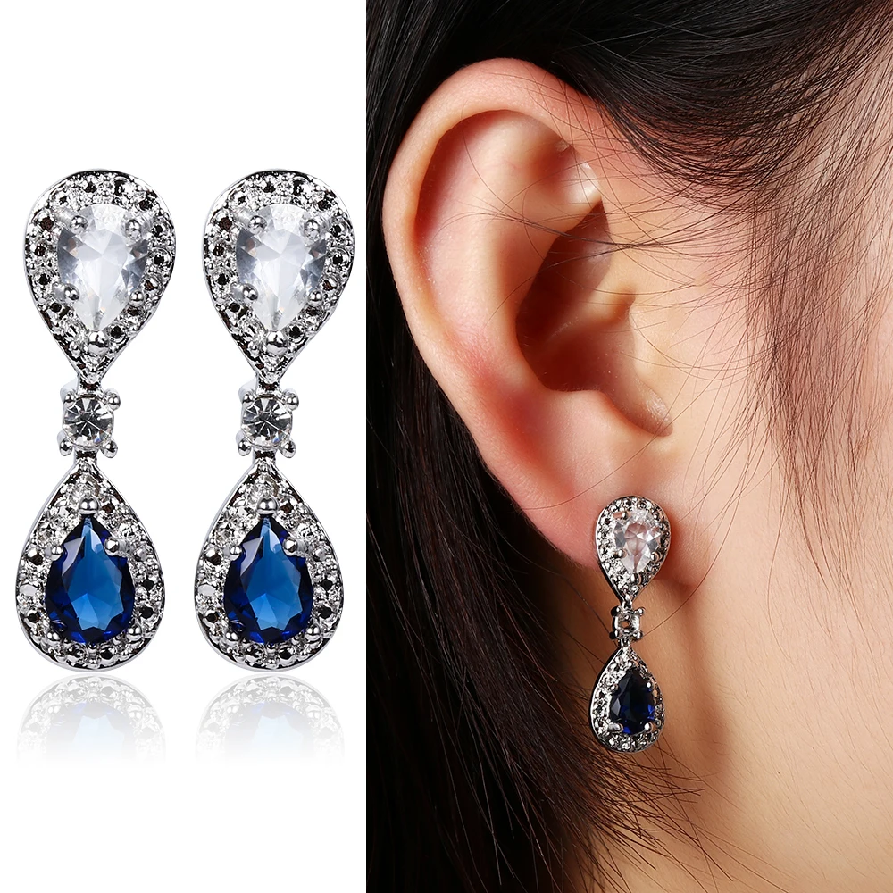 

1Pair Vintage Blue Stone Rhinestone Pendientes Wedding Engagement Drop Dangle Earrings Charm Jewelry Accessories for Women