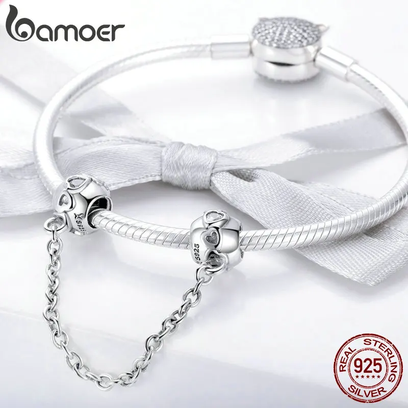 BAMOER Genuine 100% 925 Sterling Silver Romantic Heart Safety Chain Charm fit Women Charm Bracelets DIY Jewelry Making SCC736