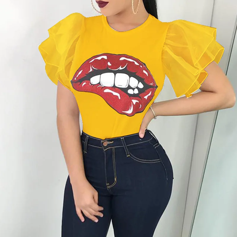 Summer Sexy O Neck Ruffles Short Sleeve Women Shirts 2019 Lips Printed Casual Lady Shirt Elegant Female Streetwear Fashion Tops