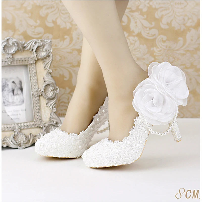 Lace pearl white flowers bridal shoes thin high heel platform shoes with pearl pendant round/pointed toe wedding shoes