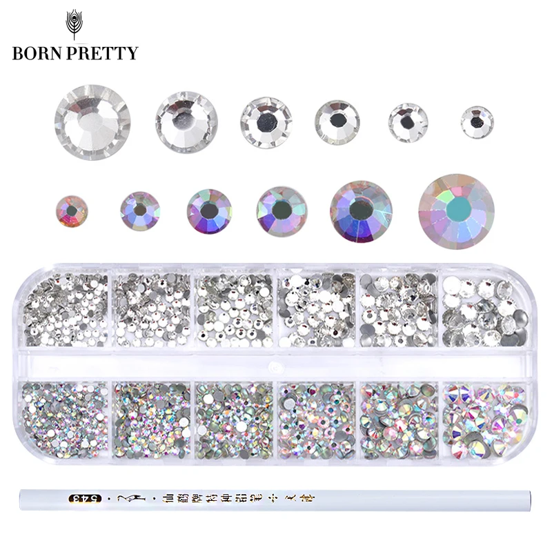 

1 Box AB Color Nail Rhinestone with Dotting Pen Clear Flat Bottom Multi-size Crystals Manicure Nail Art 3D Decoration Strass Gem