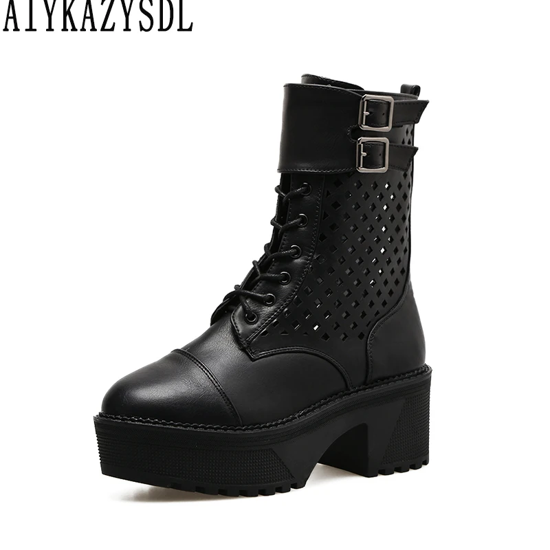 

AIYKAZYSDL 2018 Women Motorcycle Boots Biker Shoes Platform Thick Block High Heels Knight Ridding Bootie Cut Out Gladiator Shoes