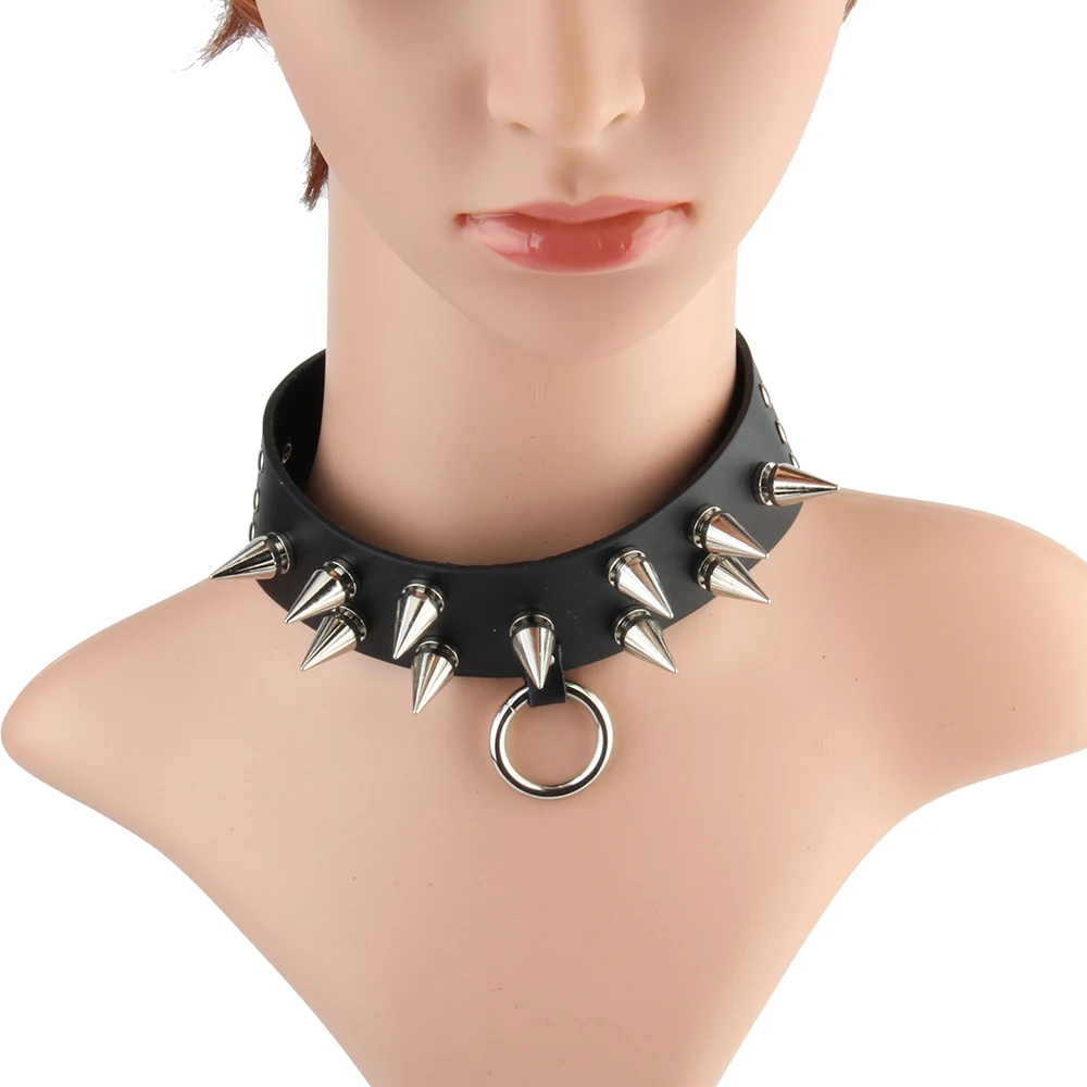 Seanuo 2017 Sharp Rivet Leather Choker Necklace With Circle Slave