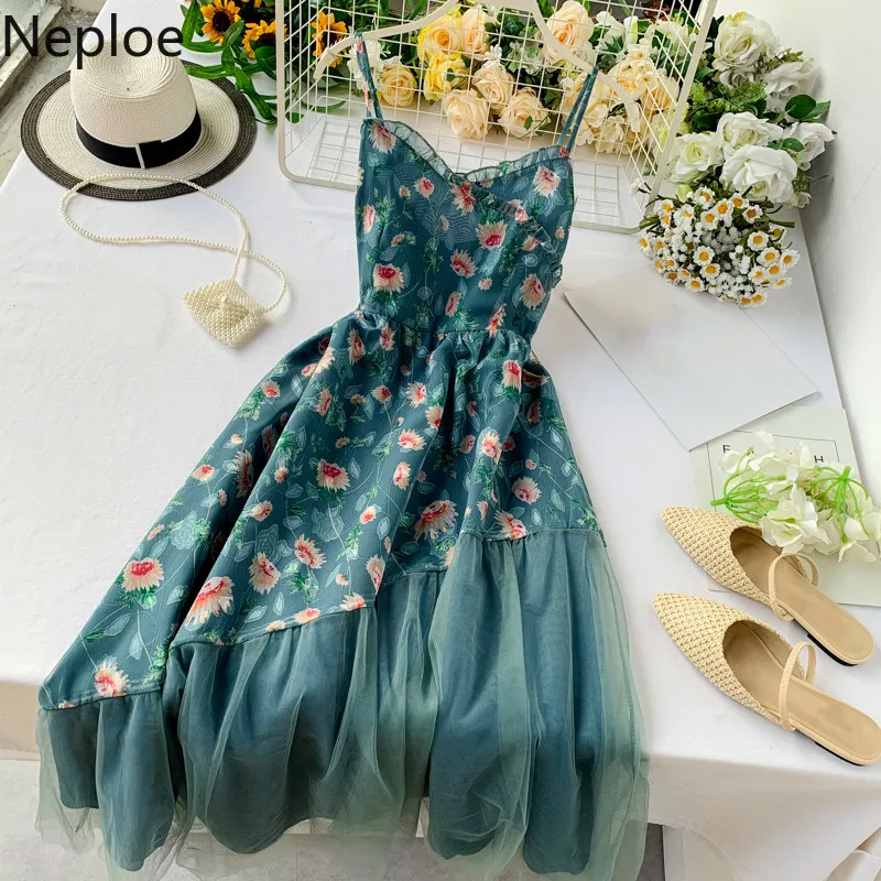 

Neploe Chiffon Floral Print Women Dress Irregualr Mesh Patchwork V-Neck Vestidos Fashion High Waist Camis Dresses 45247
