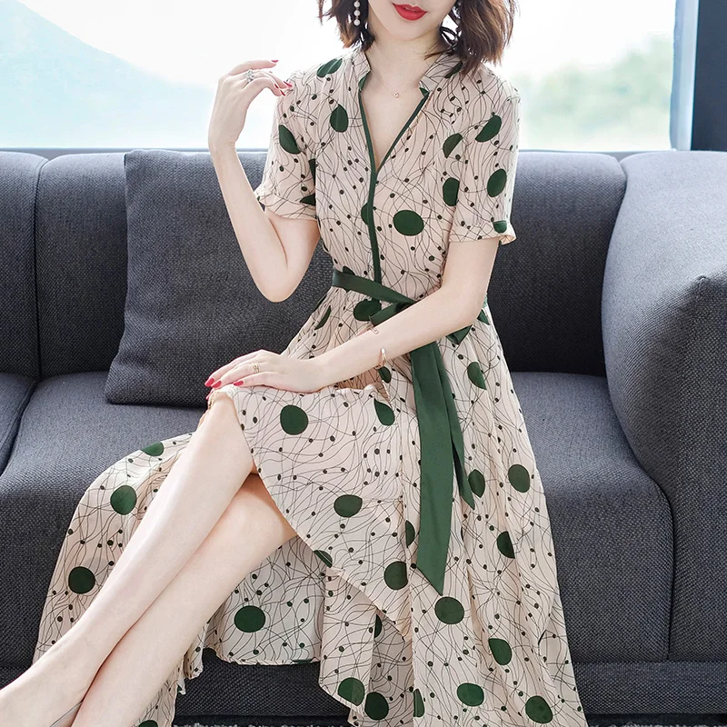 100% шелк летнее платье Для женщин Элегантный Boho пляжное мода горошек длинные