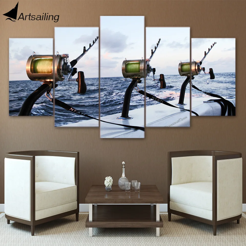 HD Printed 5 Pieces canvas Fishing rod at sea painting Wall Art Canvas Pictures For Living Room Bedroom Modular CU-1389A