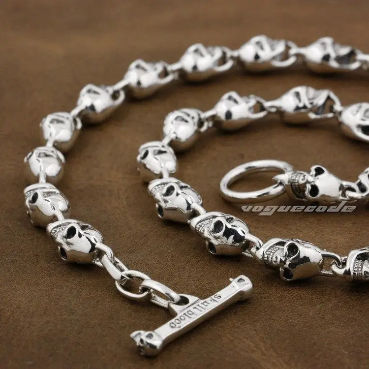 925 Sterling Silver Skulls Mens Biker Rocker Punk Necklace 8W004N Free