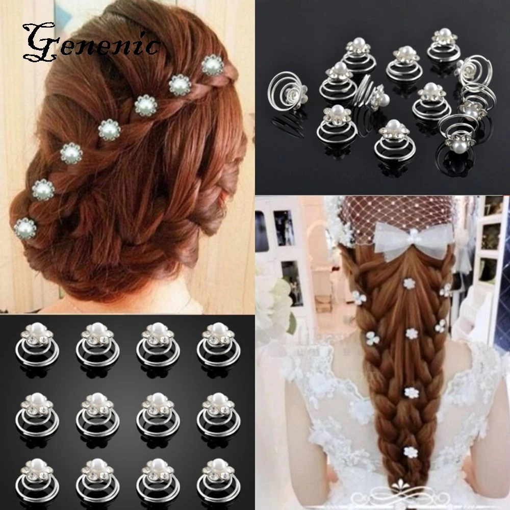 12pcs Bright Crystal Flower Pearl Spiral Hair Clips Twists