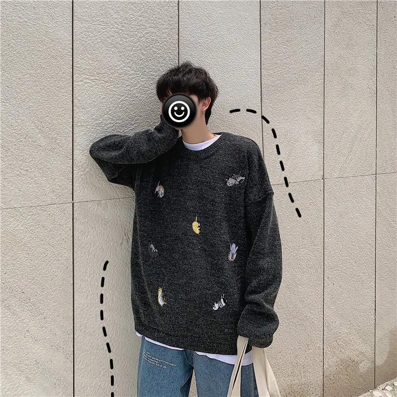 

Winter New Sweater Men Fashion Cartoon Embroidery Casual O-neck Sweater Man Streetwear Versatile Warm Pullover Male Clothes