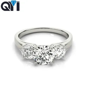 QYI Rings Women Fashion Jewelry 925 Sterling Silver Three Stone 1 ct Round Cut 5A Zircon Engagement Wedding Band Ring colorfish new unique design three stone wedding ring round cut sona 925 sterling silver for women engagement ring lovers promise