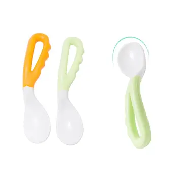 

2Pcs Baby Spoon Curved Anti Slip Handle Children Eating Training Tableware