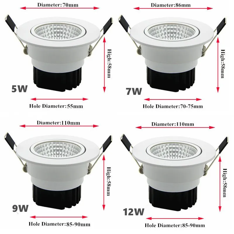 Новейший 5 Вт 7 Вт 9 Вт 12 Вт светодиодный COB чип вниз светильник Встраиваемый светодиодный потолочный светильник Точечный светильник белый/теплый белый светодиодный светильник epistar