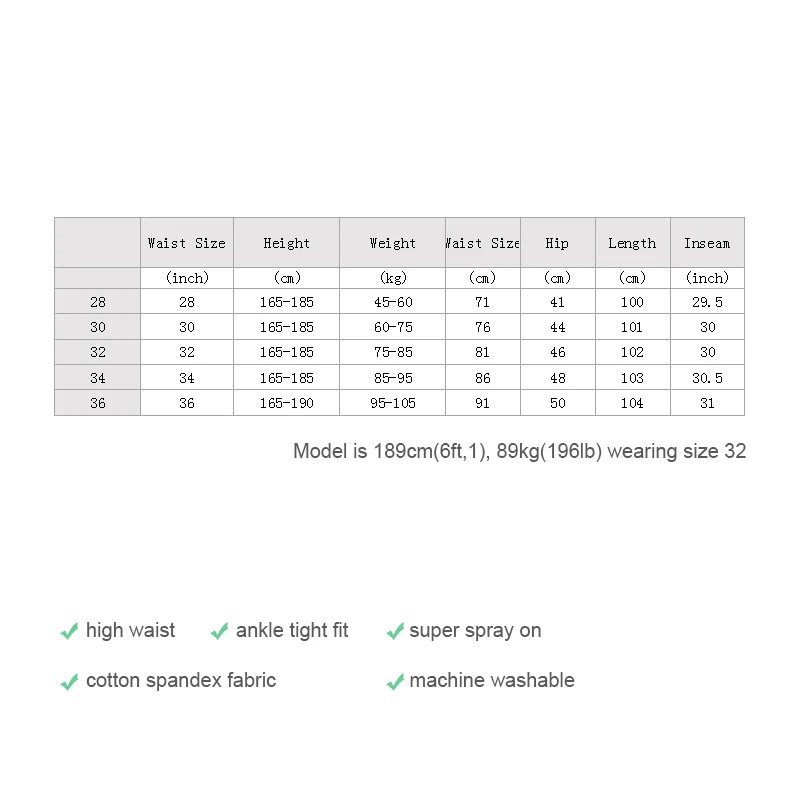 Men's Sexy Non Ripped Skinny Jeans Size Chart