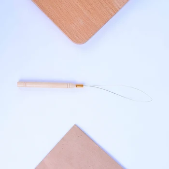 

1PC Needle Threader Micro Rings Beads Loop High Quality Wooden Handle Hair Extension Hook Pulling Tool