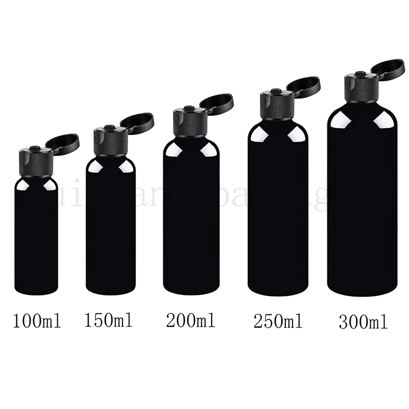 

30pc 100ml 150ml 200ml 250ml 300ml empty black refillable cosmetic bottle with black flip top cap plastic container bottle