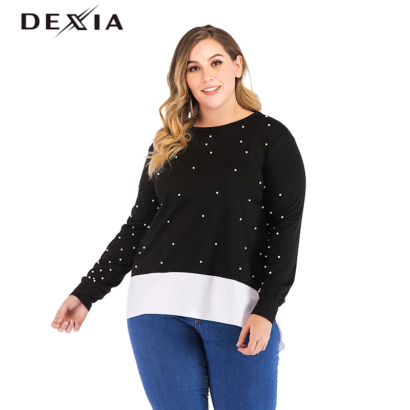 

DEXIA Casual Striped Sweatshirt Women Plus Size 3XL 4XL 5XL Full Sleeve Knitted Pullover Female Elegant Beading Hoodies 9011