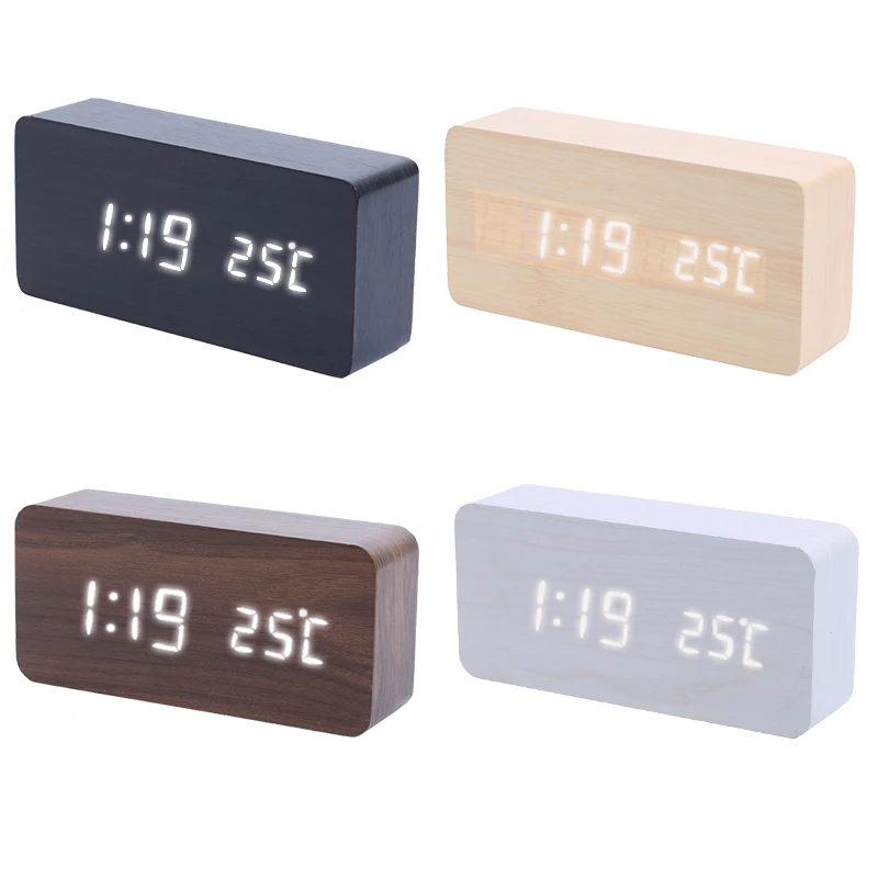 

Multicolor Sound Control Wooden Square LED Alarm Clock Desktop Table Digital Thermometer Wood USB/AAA Date Display