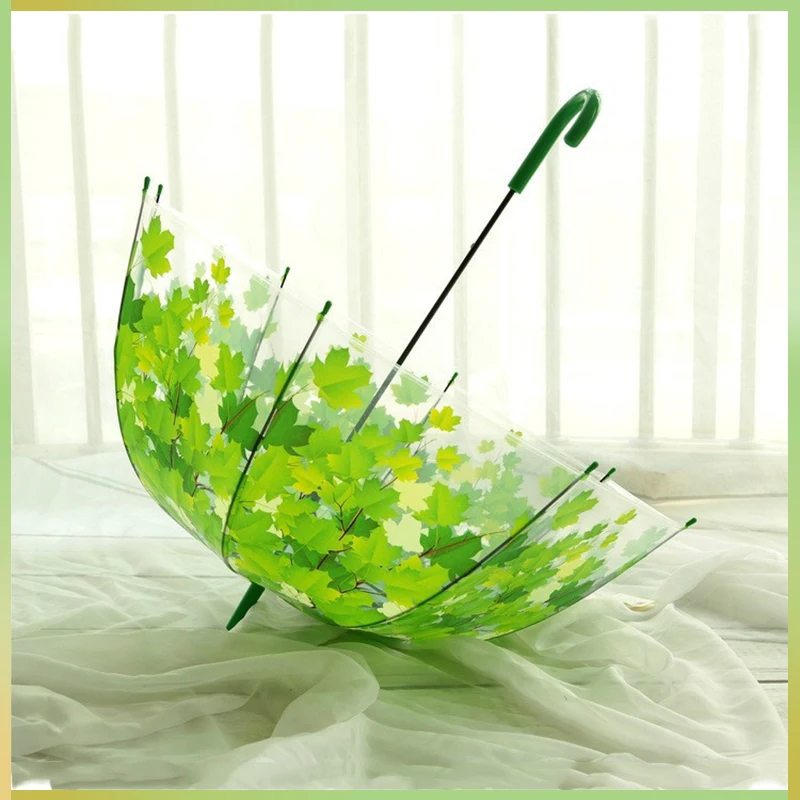 

Woman Transparent Thicken PVC Mushroom Green Leaves Rain Clear Leaf Bubble Umbrella Child Long Handle Umbrellas Parasol