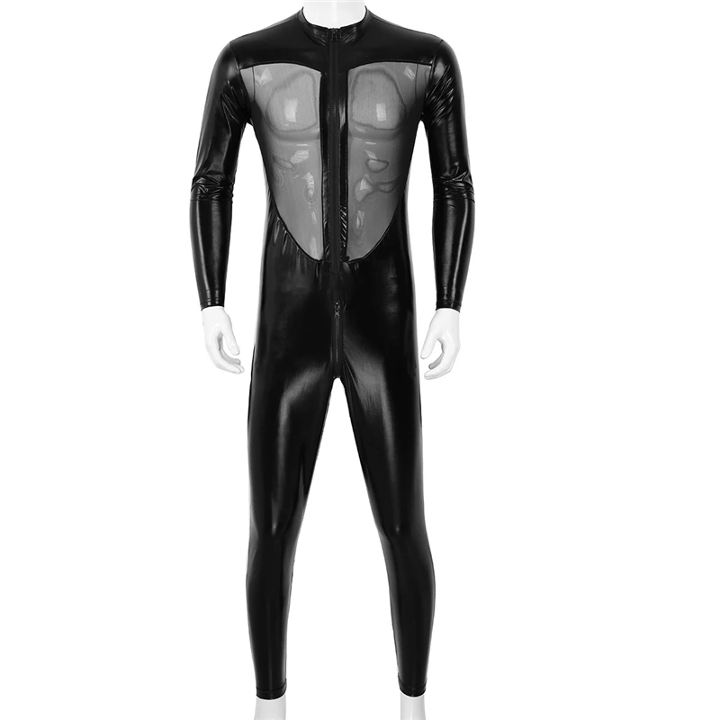 Unisex Catsuit Cosplay Costume Black Metallic Shiny Zentai Full Bodysuit Mesh Splice Latex For Men Women cosplay costume adult unitard