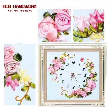 

DIY painting unique craft gift wall sticker Clock pink rose flower cross stitch needlework 3D DIY satin Ribbon embroidery home