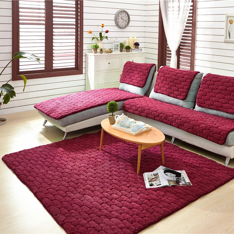 Sofa Cushion Slipcovers Promotion-Shop For Promotional Sofa Flannel Sofa Covers Towel For Single Double Sectional Sofa Wine Red Fleeced Fabric Seat Slipcover Cushion Couch Cover Home Decor - Sofa Cushion Slipcovers Promotion-Shop For Promotional Sofa