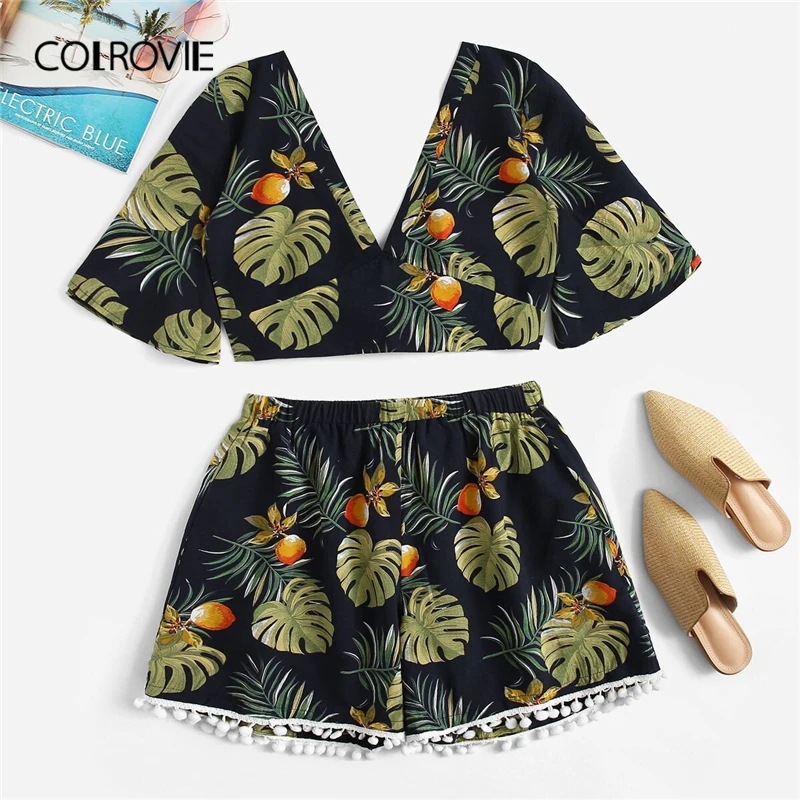 

COLROVIE Plus Size Tropical Print Top With Shorts 2 Piece Set 2019 Summer Boho Clothes For Women Deep V Neck Two Piece Outfits
