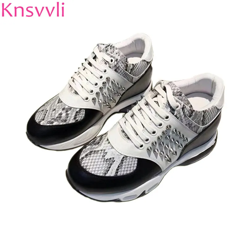 

Knsvvli snake pattern on cowhide height Increasing women shoes 7.5 cm platform shoes rivets mixed color casual ladies shoes