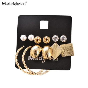 

Marte&Joven New Fashion 6 pairs Earring Sets Gold Color Alloy Geometric Rhinestone Mixed Week Stud Earrings Set for Women