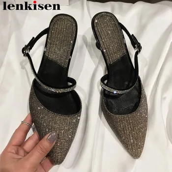 

Lenkisen Hollywood movie stars slip on elegant square toe mules women sandals square toe plus size crystals decoration shoes L08
