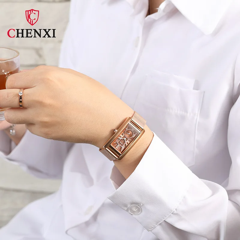 Ceny CHENXI popularna róża zegarki codzienne damskie unikatowy prostokąt cyfra rzymska niebieski wskaźnik Stop Watch wodoodporny elegancki damski zegar