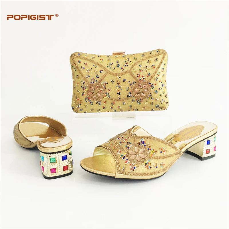 

Gold Italian Shoes with Matching Bag Set Decorated with Rhinestone Low Heels African Shoe and Bag Set for Party Nigerian Shoes