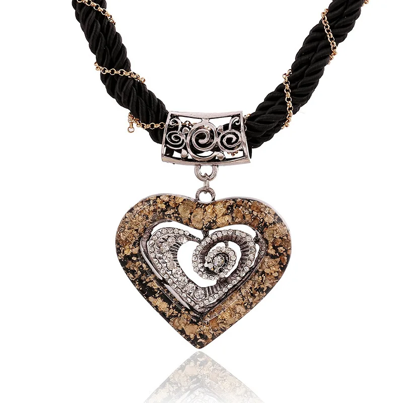 Ethnic Style European Vintage Double Layer Hollow Heart Full Rhinestone Knitted Rope Pendant Necklace N2687 | Украшения и