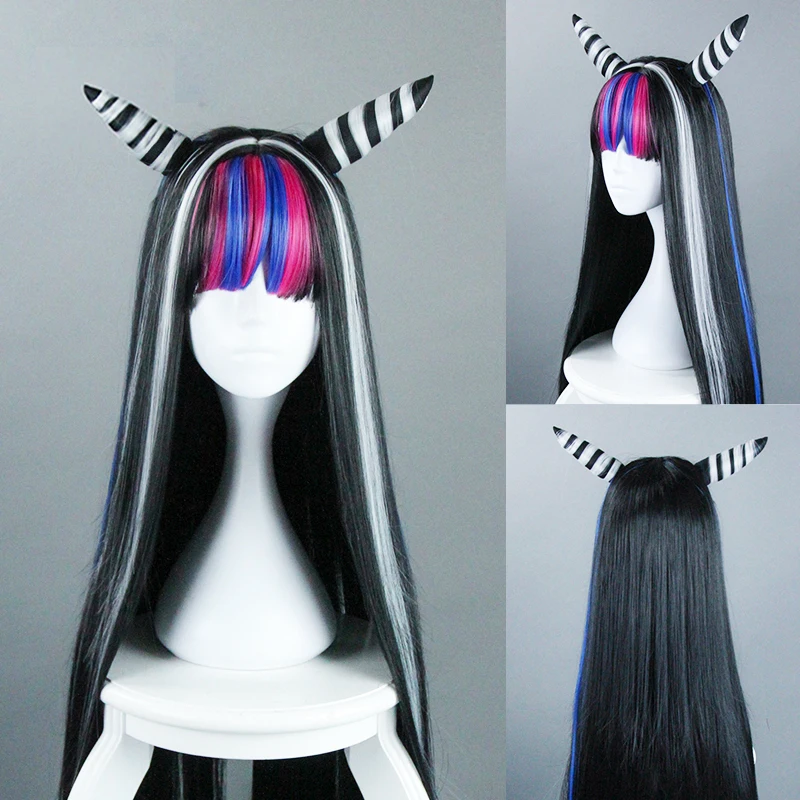 

Danganronpa 2 Cosplay Wig Mioda Ibuki Long Straight Black Mixed Colors Synthetic Hair for Adult