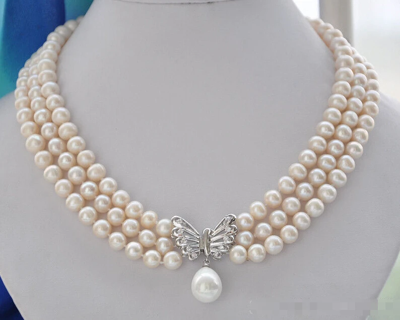 

Hot sell Noble- Free shipping@@@@@ Az5569 3row 9mm WHITE ROUND FRESHWATER PEARL NECKLACE butterfly a