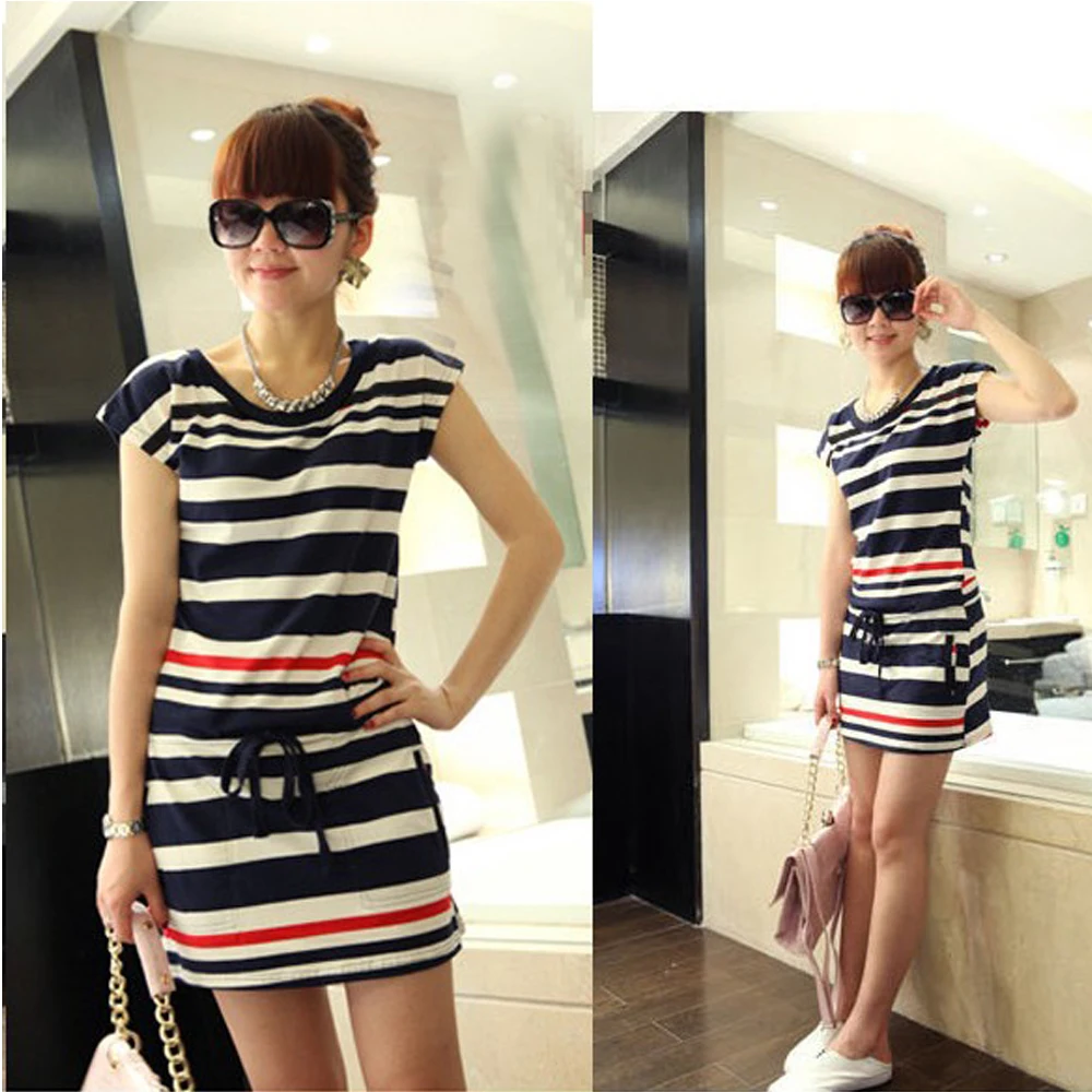2016 Women Round Neck Navy Strip T-shirt Short Sleeve Skirt Slim Dress | Женская одежда