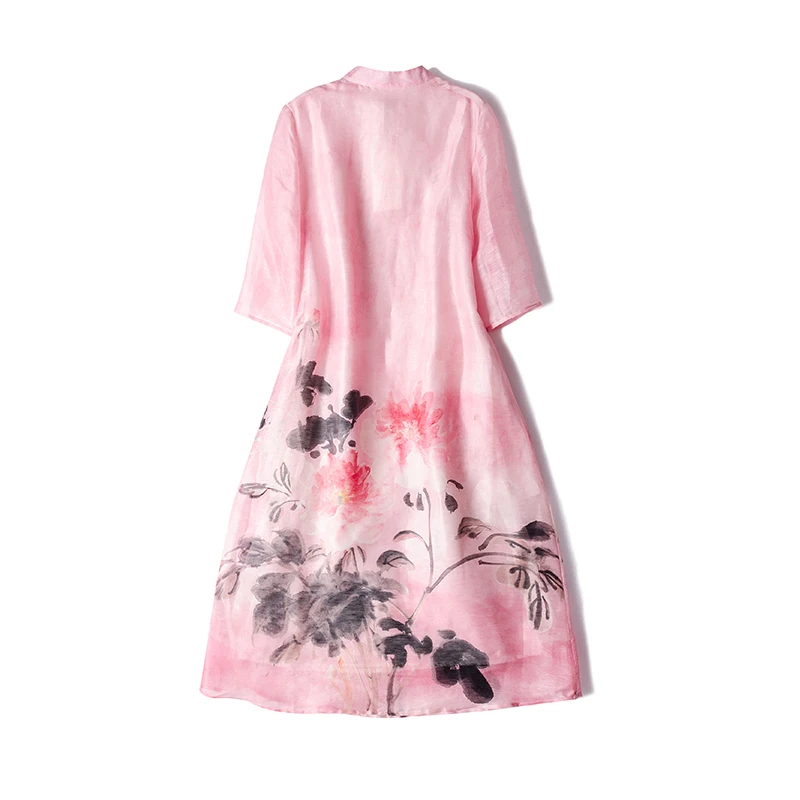 Женское платье 70% Лен 30% шелк винтажное платье с цветочным принтом в китайском стиле Новое весеннее платье для женщин длиной до колена розовое