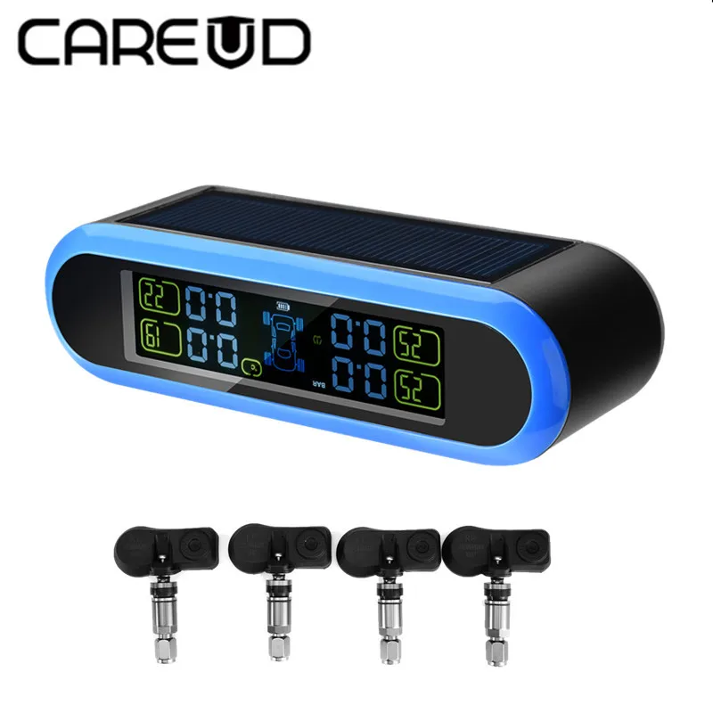 CAREUD TPMS Tire Pressure Monitor System LCD Display Monitoring System Tyre Auto Alarm Sensor Solar Energy USB charger auto tire pressure sensor tpms tire pressure valve for vw cc oem 433mhz 3aa907275 retail wholesale free shipping promotion