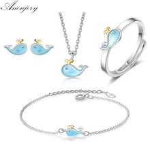 Anenjery 925 пробы серебряные Ювелирные наборы для женщин маленький синий кит морской животное ожерелье+ серьги+ кольцо+ браслет