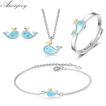 

Anenjery S925 Stamp Silver Color Jewelry Sets For Women little Blue Whale Marine Animal Necklace+Earrings+Ring+Bracelet
