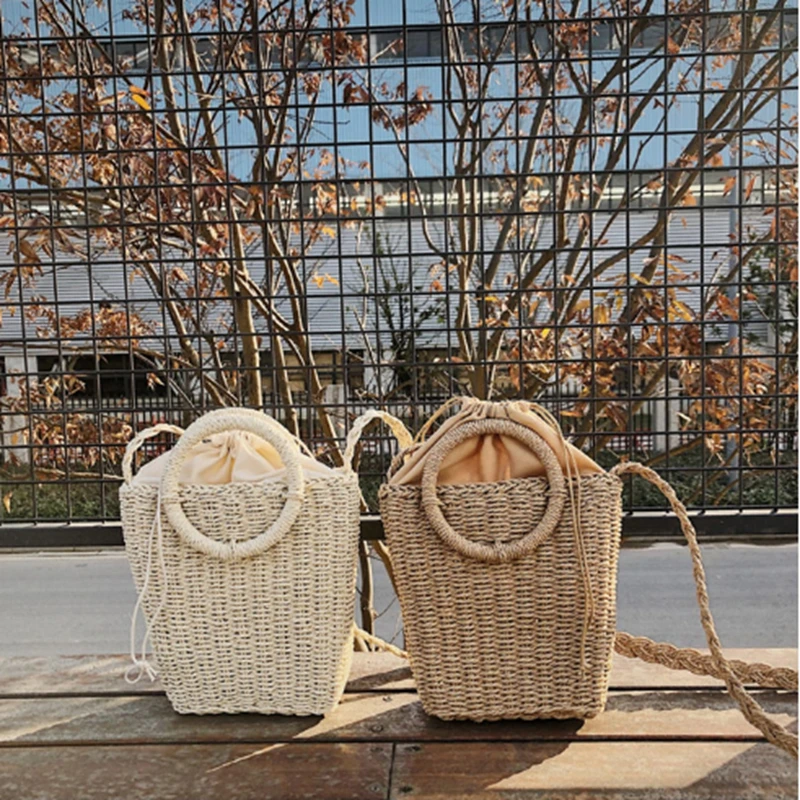 Новейшая Горячая Летняя Дамская Плетеная соломенная сумка ручной работы из ротанга с кольцом пляжные сумки через плечо квадратные сумки