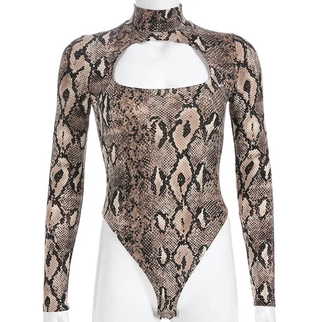 GBYXTY Sexy Snake Print Bodyuit Women Snakeskin Animal Print Hollow Out Bodysuit Long Sleeve