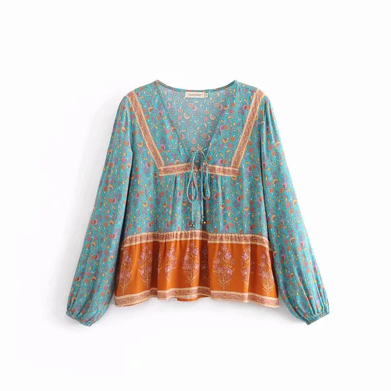Boho Blouse 2018 Floral Print Blouses Vinatge Sexy V-Neck Long Sleeve Lace Up Bohemia Women Blouses Hippie Top Dropshipping