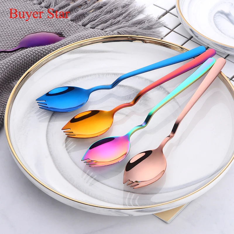 

4 Pcs/Lot Stainless Steel Spoon Fork 2 in 1 Colorful Creative Multifunctional Spoon Hang Design Tableware Kitchen Accessories