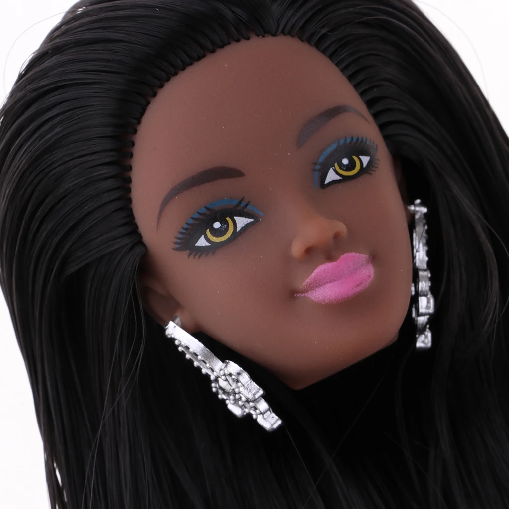 Doll Head with Wig Black Skin Make up Face Model DIY Cosplay For 1/6 Doll Accessories for Girls, Long Straight Hair