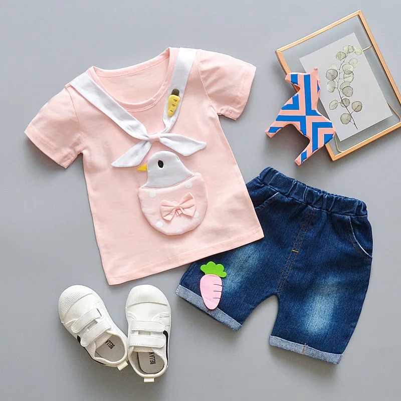 

2019 Summer Baby Girl Clothes Set Cartoon Birdie Carrot Pocket Bow Short Sleeve T-Shirt+Shorts 2Pcs Sports Children Clothing Set