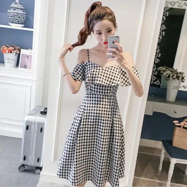 

2019 summer dress womens high waist black white Plaid Sling Dress elegant Short sleeved Ruffles sexy dress female DV444