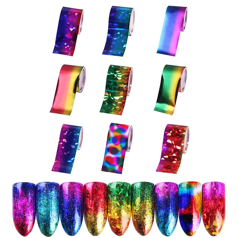 

9 Sheets Nail Foils Sticker Gradient Colors Shining Paper Transfer Foil Wraps Adhesive Decals DIY Nail Art Decorations