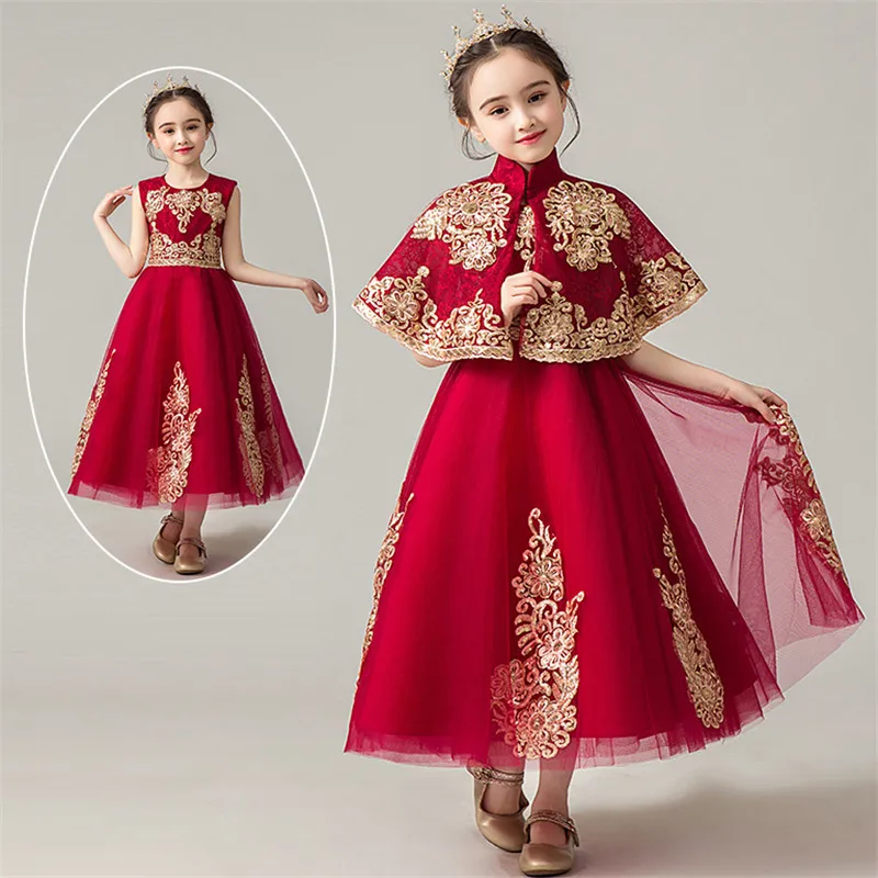 Г. летнее элегантное детское кружевное платье с круглым вырезом и вышивкой для девочек, красное вино, на день рождения, на свадьбу, вечернее длинное платье детское платье для младенцев