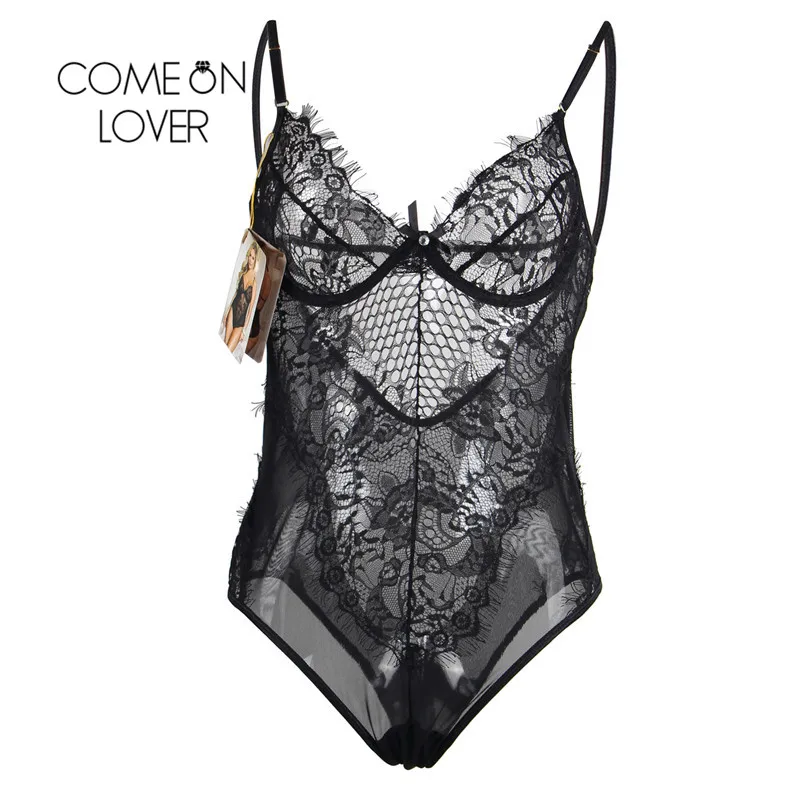 Comeonlover Body Femme Plus Size Rompers Lace Jumpsuit Black White Sleeveless V Neck Mesh Floral Lace Women Bodysuit RI80408