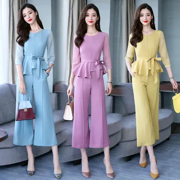

fashion Women's Sets casual outfit Round neck ruffled top and Wide Leg pants two-piece Vintage Clothing Suits Women's pant suits